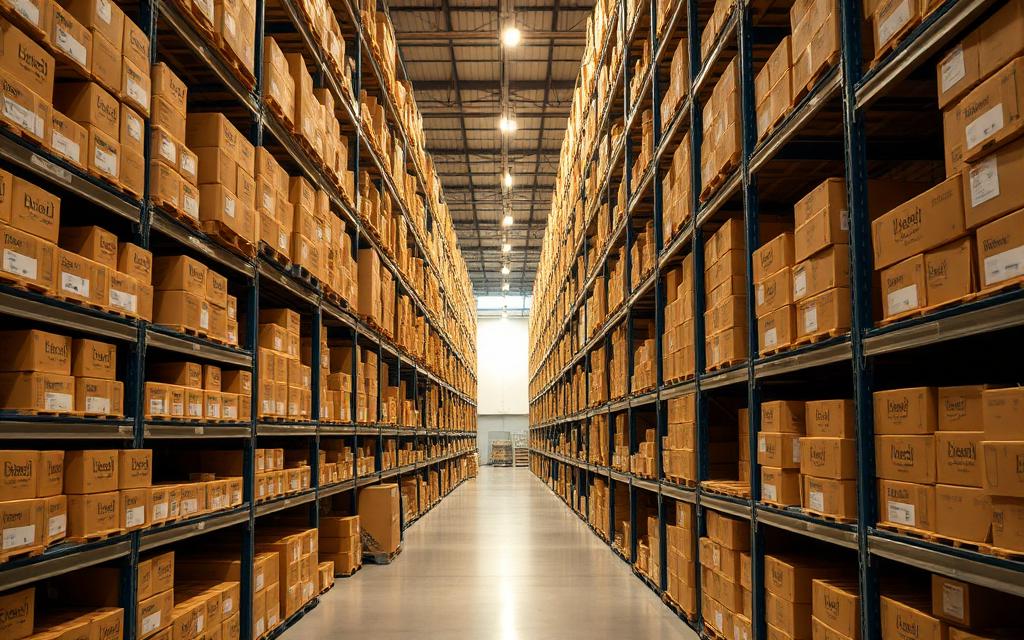 R'Standpro distribution warehouse stocked with cartons